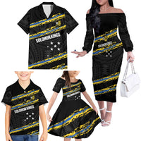 Kings Solomon Islands Football Custom Family Matching Off The Shoulder Long Sleeve Dress and Hawaiian Shirt Come On Solomons Polynesian Grunge Style LT14 - Polynesian Pride