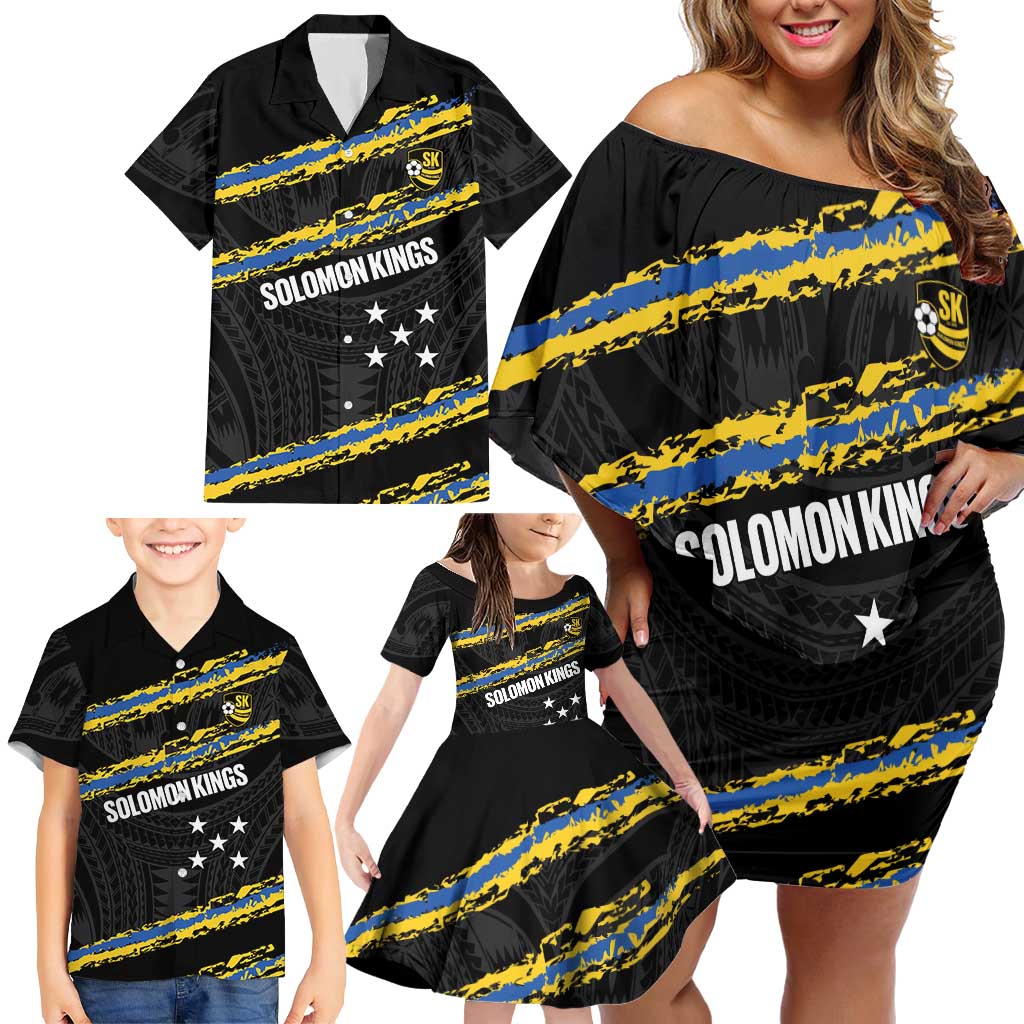 Kings Solomon Islands Football Custom Family Matching Off Shoulder Short Dress and Hawaiian Shirt Come On Solomons Polynesian Grunge Style
