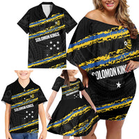 Kings Solomon Islands Football Custom Family Matching Off Shoulder Short Dress and Hawaiian Shirt Come On Solomons Polynesian Grunge Style LT14 - Polynesian Pride
