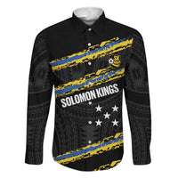 Kings Solomon Islands Football Custom Family Matching Off Shoulder Short Dress and Hawaiian Shirt Come On Solomons Polynesian Grunge Style LT14 Dad's Shirt - Long Sleeve Black - Polynesian Pride