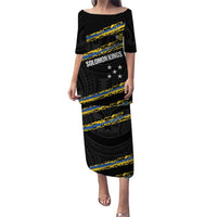 Kings Solomon Islands Football Custom Family Matching Puletasi and Hawaiian Shirt Come On Solomons Polynesian Grunge Style LT14 Mom's Dress Black - Polynesian Pride