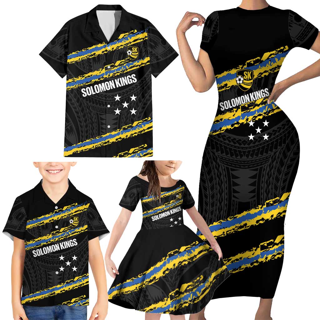 Kings Solomon Islands Football Custom Family Matching Short Sleeve Bodycon Dress and Hawaiian Shirt Come On Solomons Polynesian Grunge Style LT14 - Polynesian Pride
