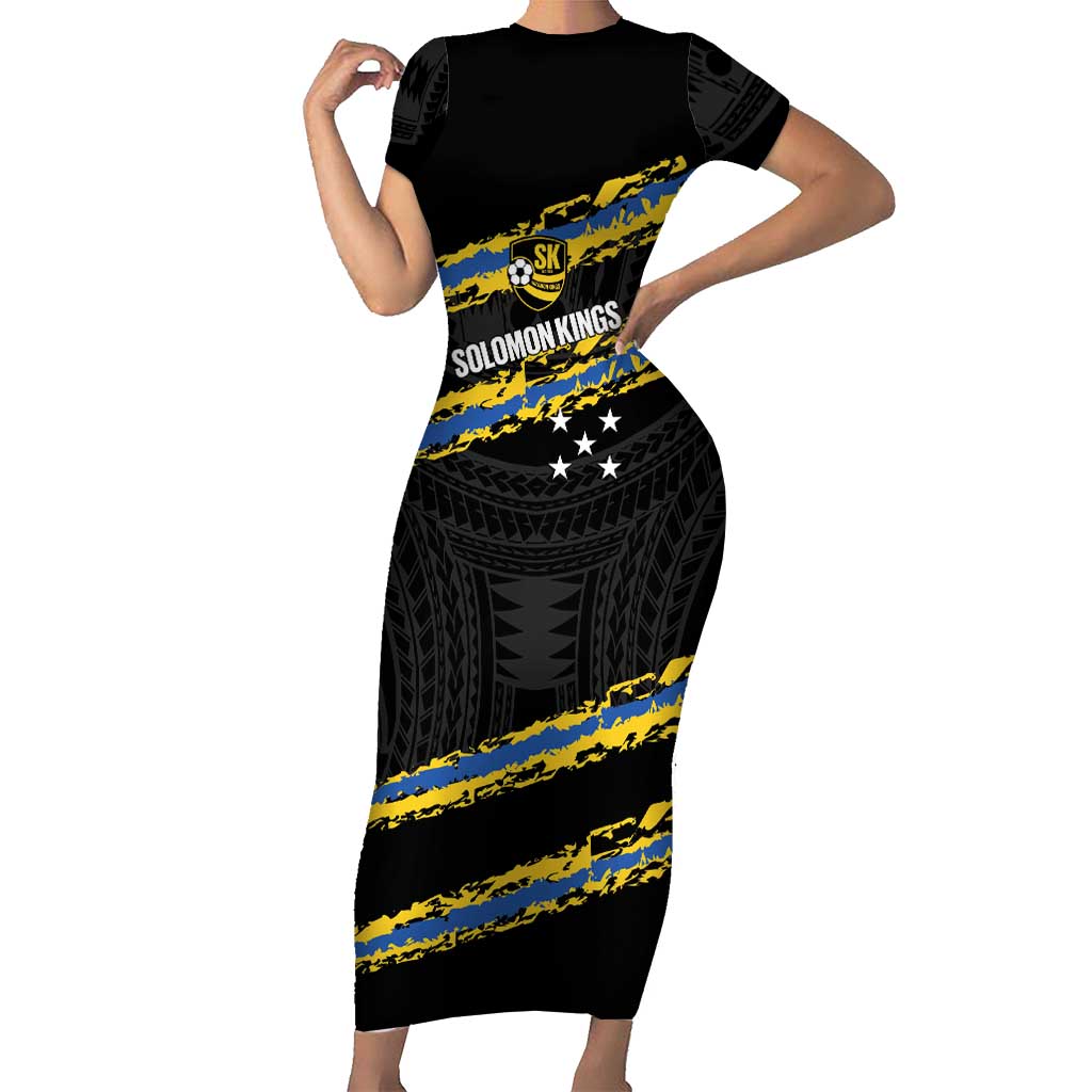 Kings Solomon Islands Football Custom Family Matching Short Sleeve Bodycon Dress and Hawaiian Shirt Come On Solomons Polynesian Grunge Style LT14 Mom's Dress Black - Polynesian Pride