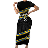 Kings Solomon Islands Football Custom Family Matching Short Sleeve Bodycon Dress and Hawaiian Shirt Come On Solomons Polynesian Grunge Style LT14 Mom's Dress Black - Polynesian Pride