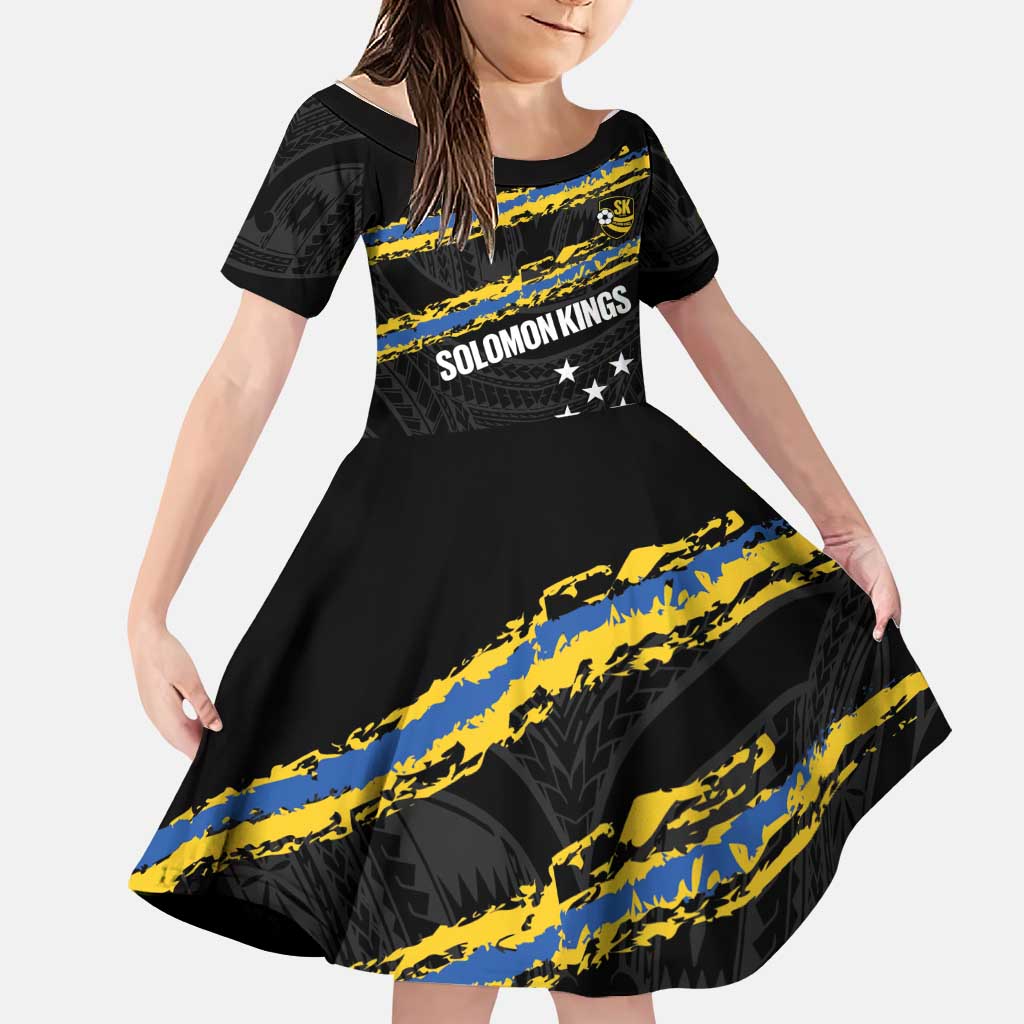 Kings Solomon Islands Football Custom Family Matching Summer Maxi Dress and Hawaiian Shirt Come On Solomons Polynesian Grunge Style LT14 Daughter's Dress Black - Polynesian Pride