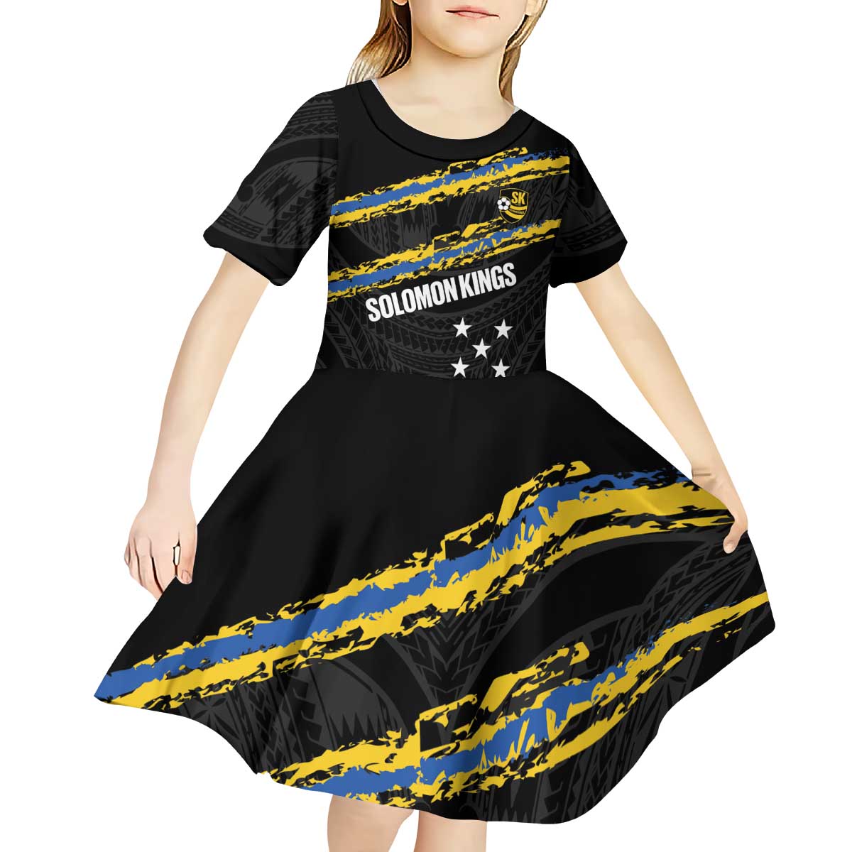 Kings Solomon Islands Football Custom Kid Short Sleeve Dress Come On Solomons Polynesian Grunge Style LT14 - Polynesian Pride