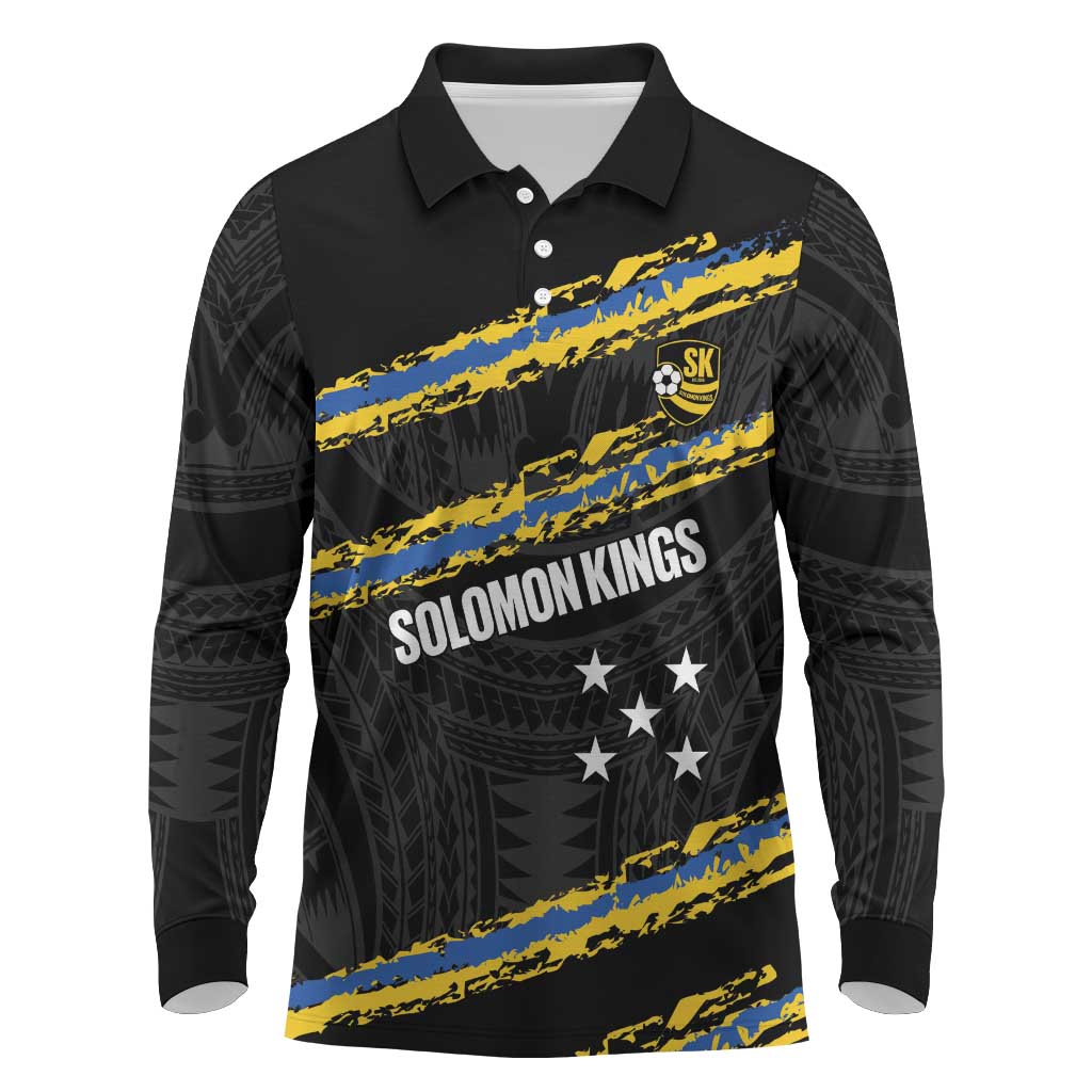 Kings Solomon Islands Football Custom Long Sleeve Polo Shirt Come On Solomons Polynesian Grunge Style LT14 Black - Polynesian Pride