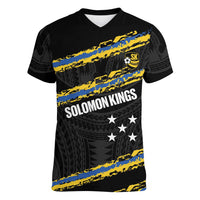 Kings Solomon Islands Football Custom Women V-Neck T-Shirt Come On Solomons Polynesian Grunge Style LT14 Female Black - Polynesian Pride