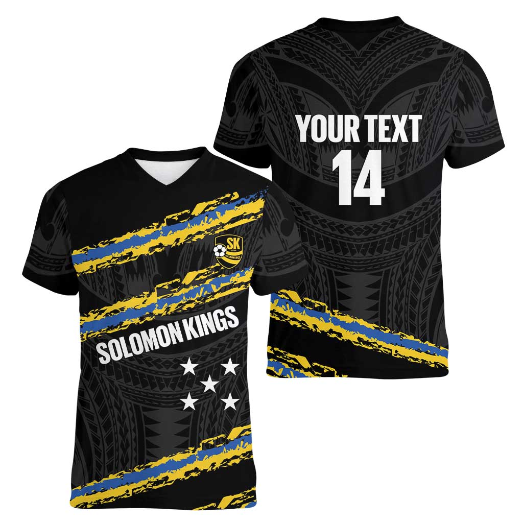 Kings Solomon Islands Football Custom Women V-Neck T-Shirt Come On Solomons Polynesian Grunge Style LT14 - Polynesian Pride