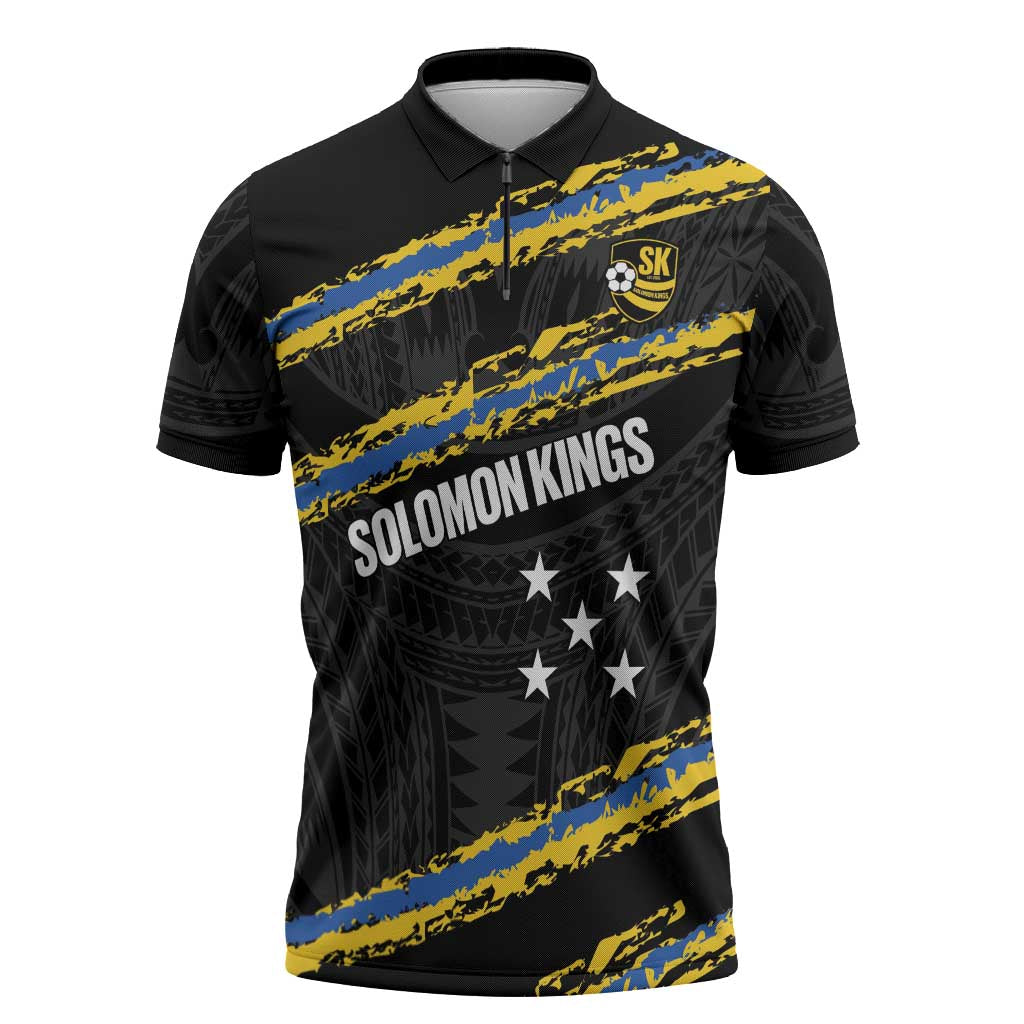 Kings Solomon Islands Football Custom Zipper Polo Shirt Come On Solomons Polynesian Grunge Style LT14 Black - Polynesian Pride