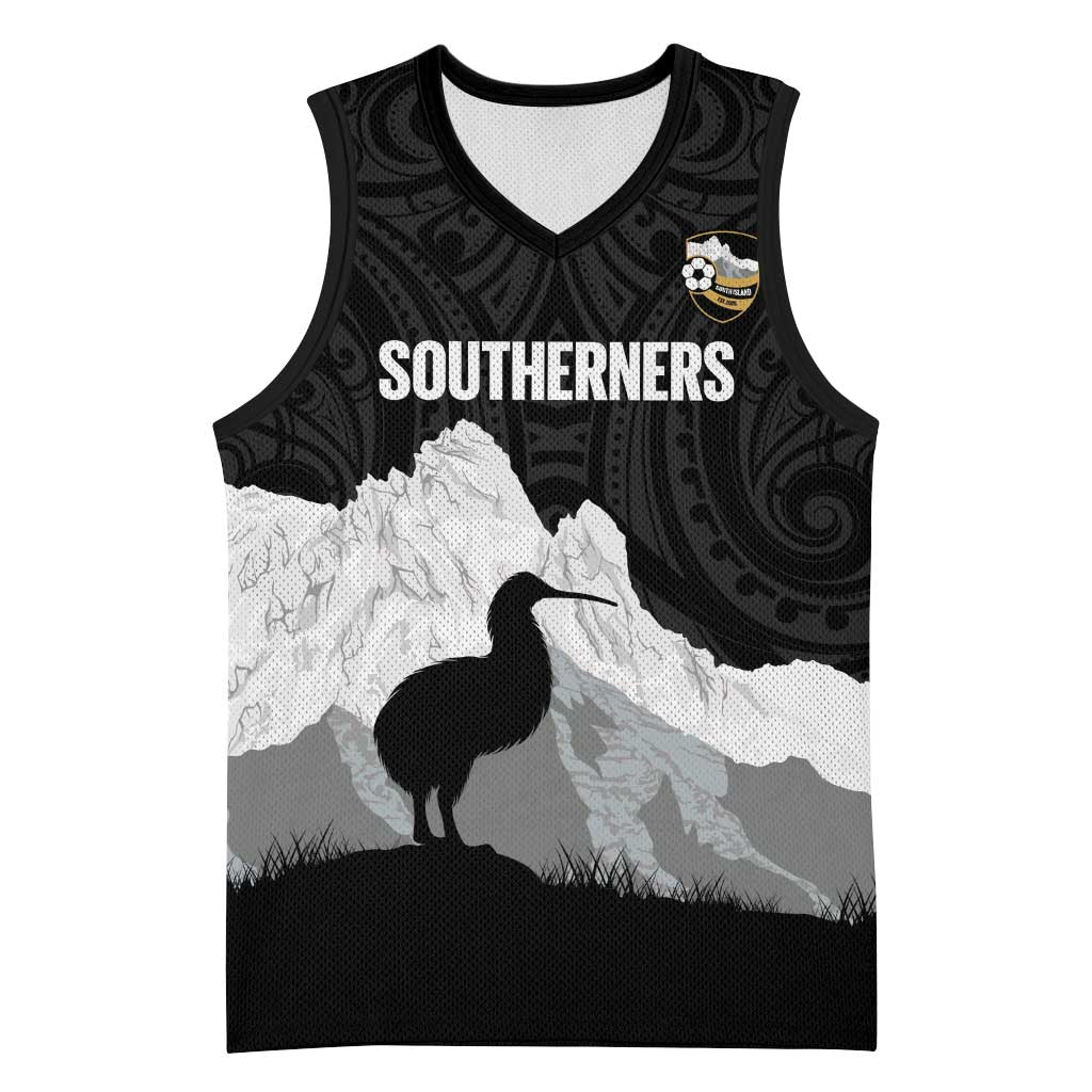 New Zealand South Island Football Custom Basketball Jersey Aoraki Mount Cook With Kiwi Maori Pattern LT14 Unisex Black - Polynesian Pride