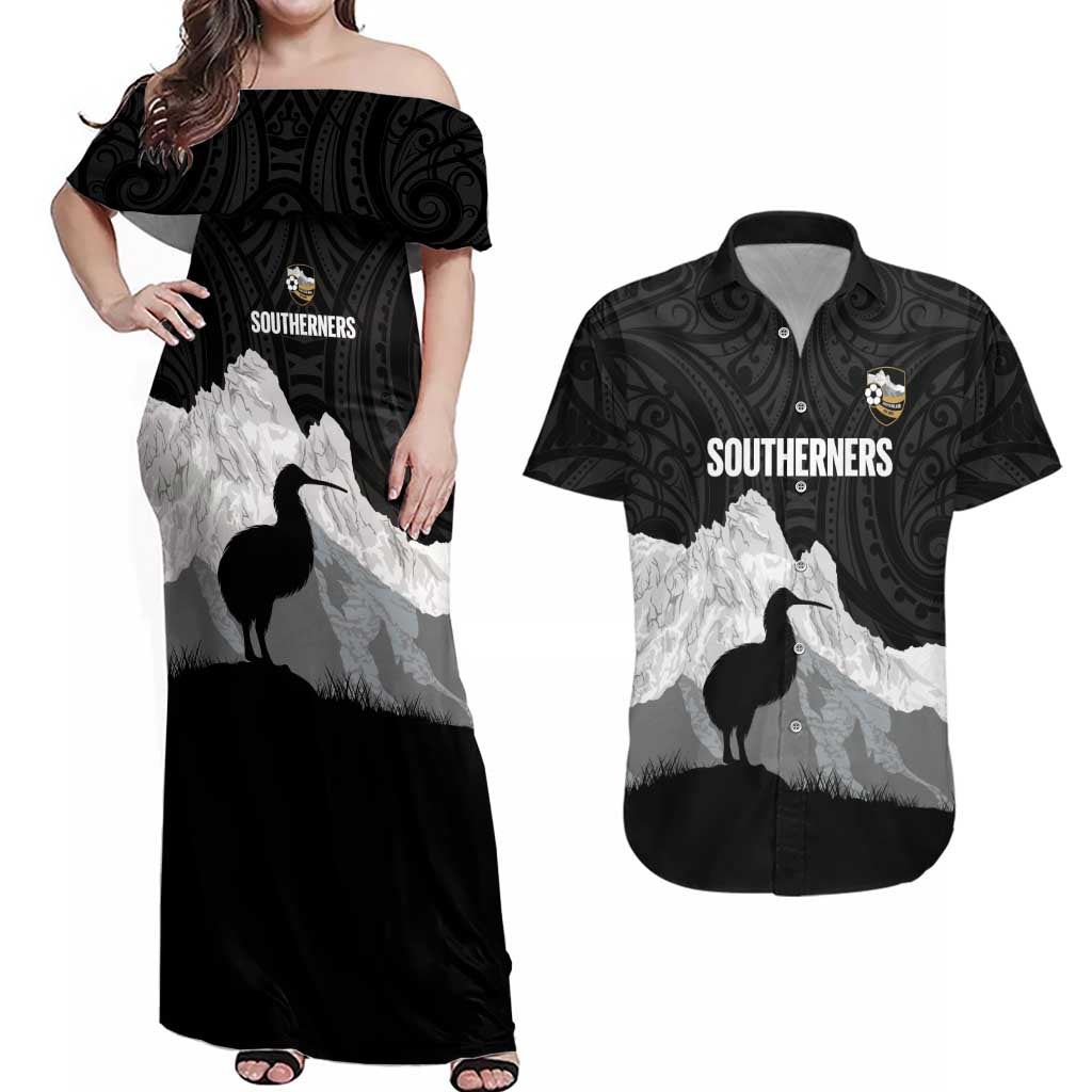 New Zealand South Island Football Custom Couples Matching Off Shoulder Maxi Dress and Hawaiian Shirt Aoraki Mount Cook With Kiwi Maori Pattern