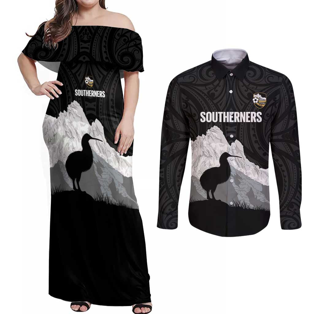 New Zealand South Island Football Custom Couples Matching Off Shoulder Maxi Dress and Long Sleeve Button Shirt Aoraki Mount Cook With Kiwi Maori Pattern