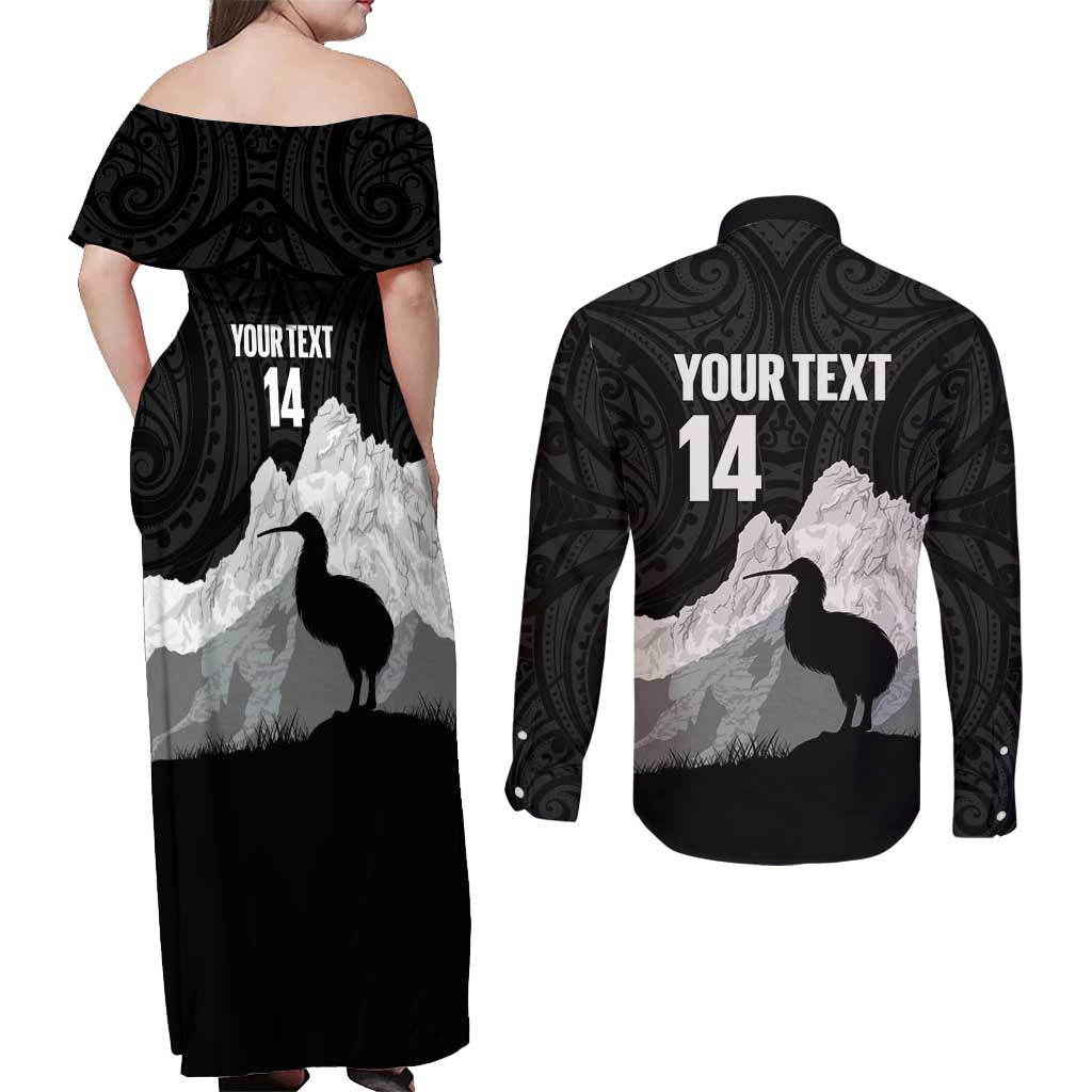 New Zealand South Island Football Custom Couples Matching Off Shoulder Maxi Dress and Long Sleeve Button Shirt Aoraki Mount Cook With Kiwi Maori Pattern