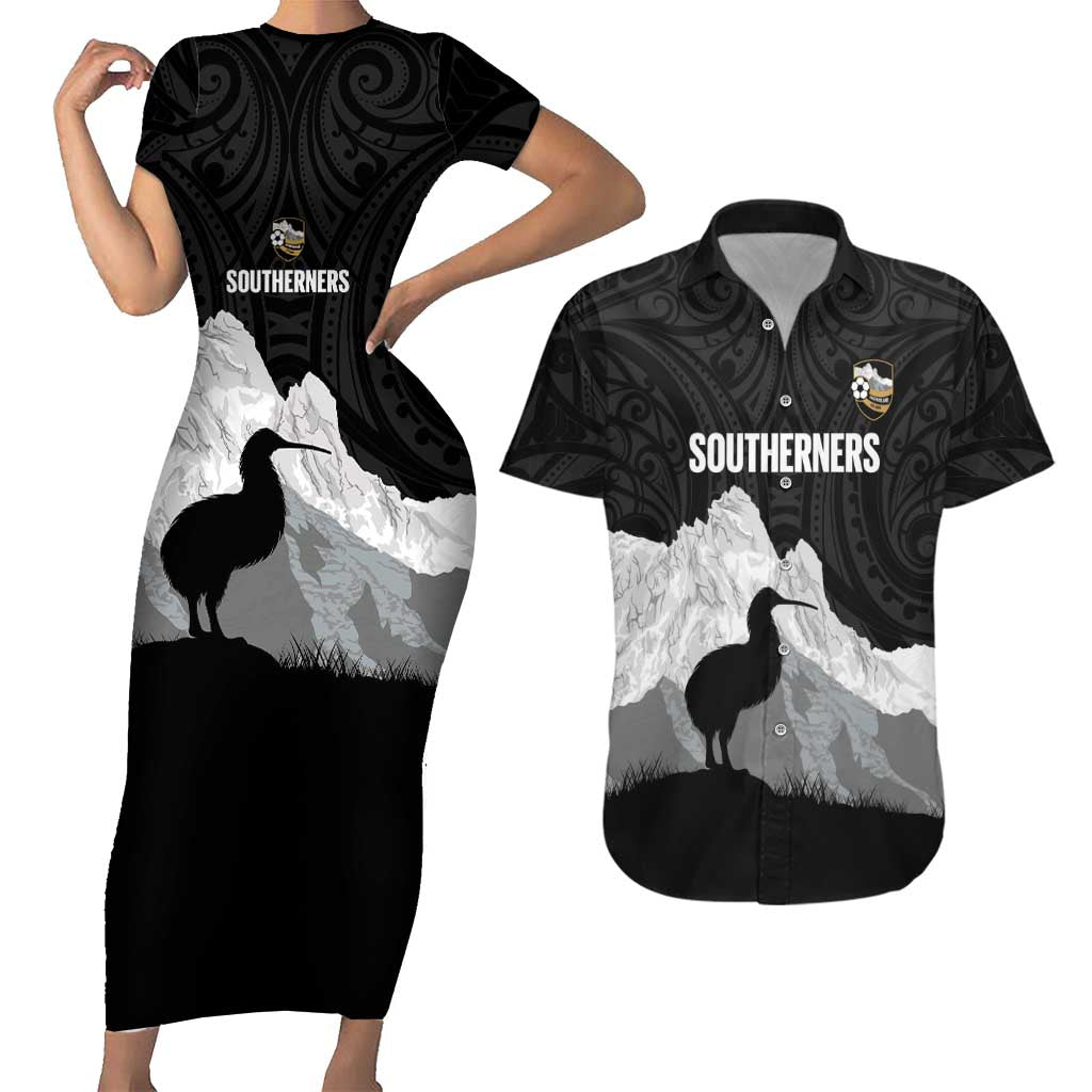 New Zealand South Island Football Custom Couples Matching Short Sleeve Bodycon Dress and Hawaiian Shirt Aoraki Mount Cook With Kiwi Maori Pattern LT14 Black - Polynesian Pride