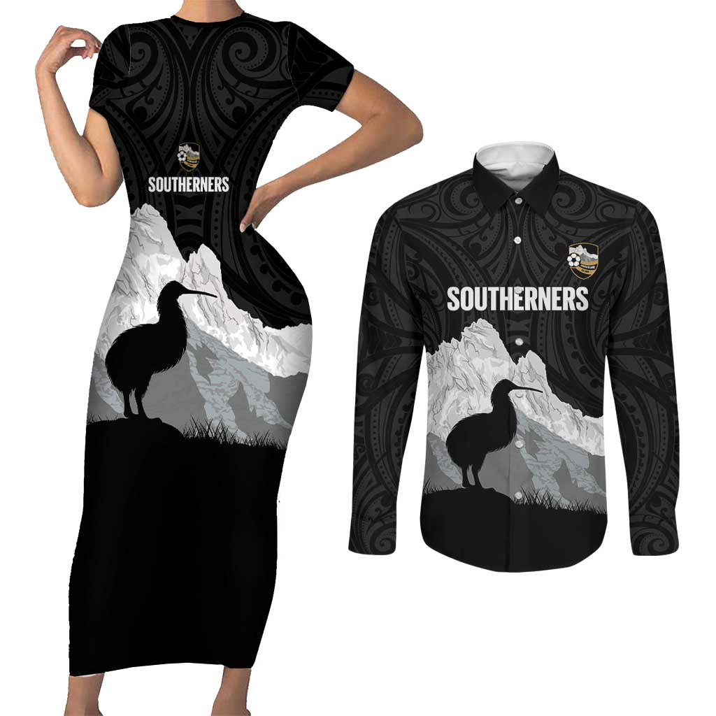 New Zealand South Island Football Custom Couples Matching Short Sleeve Bodycon Dress and Long Sleeve Button Shirt Aoraki Mount Cook With Kiwi Maori Pattern LT14 Black - Polynesian Pride