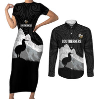 New Zealand South Island Football Custom Couples Matching Short Sleeve Bodycon Dress and Long Sleeve Button Shirt Aoraki Mount Cook With Kiwi Maori Pattern LT14 Black - Polynesian Pride