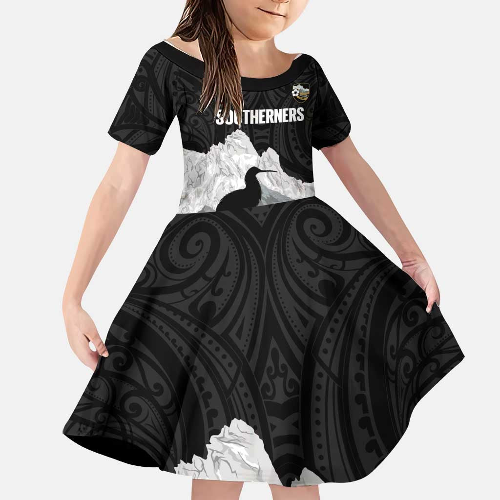 New Zealand South Island Football Custom Family Matching Off Shoulder Maxi Dress and Hawaiian Shirt Aoraki Mount Cook With Kiwi Maori Pattern LT14 Daughter's Dress Black - Polynesian Pride