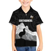 New Zealand South Island Football Custom Family Matching Off Shoulder Maxi Dress and Hawaiian Shirt Aoraki Mount Cook With Kiwi Maori Pattern LT14 Son's Shirt Black - Polynesian Pride