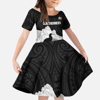 New Zealand South Island Football Custom Family Matching Off Shoulder Short Dress and Hawaiian Shirt Aoraki Mount Cook With Kiwi Maori Pattern LT14 Daughter's Dress Black - Polynesian Pride