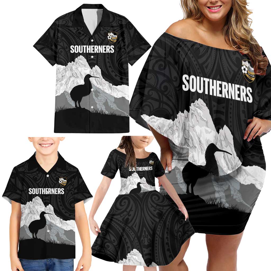 New Zealand South Island Football Custom Family Matching Off Shoulder Short Dress and Hawaiian Shirt Aoraki Mount Cook With Kiwi Maori Pattern