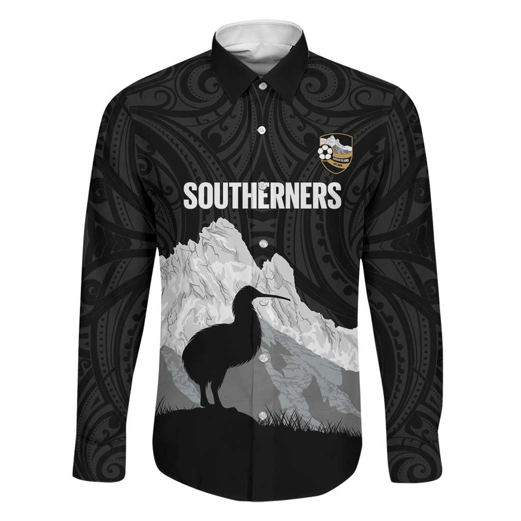 New Zealand South Island Football Custom Family Matching Short Sleeve Bodycon Dress and Hawaiian Shirt Aoraki Mount Cook With Kiwi Maori Pattern LT14 Dad's Shirt - Long Sleeve Black - Polynesian Pride