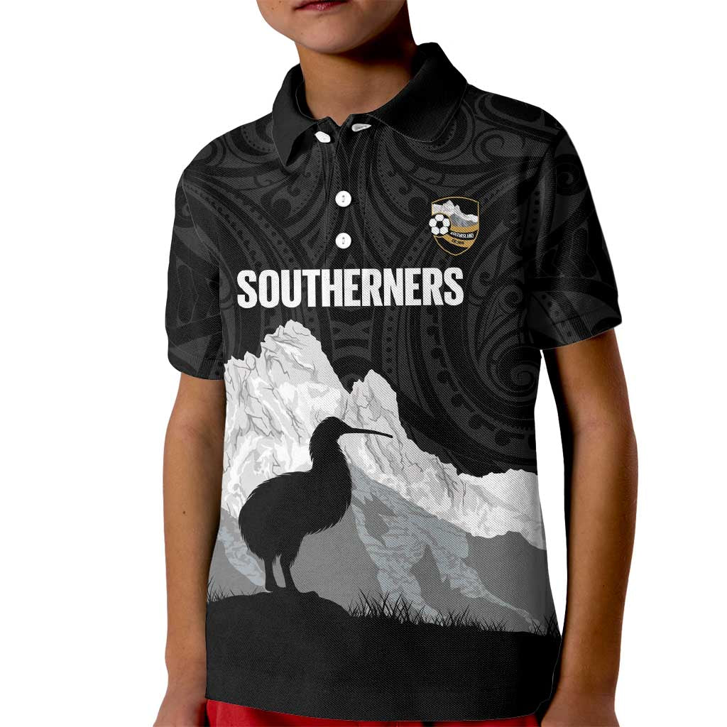 New Zealand South Island Football Custom Kid Polo Shirt Aoraki Mount Cook With Kiwi Maori Pattern LT14 Kid Black - Polynesian Pride