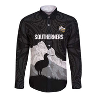 New Zealand South Island Football Custom Long Sleeve Button Shirt Aoraki Mount Cook With Kiwi Maori Pattern LT14 Unisex Black - Polynesian Pride