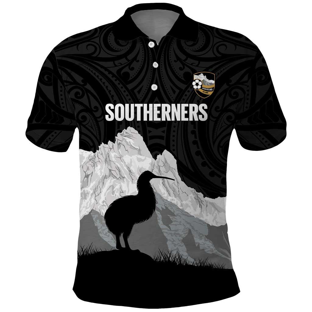 New Zealand South Island Football Custom Polo Shirt Aoraki Mount Cook With Kiwi Maori Pattern LT14 Black - Polynesian Pride