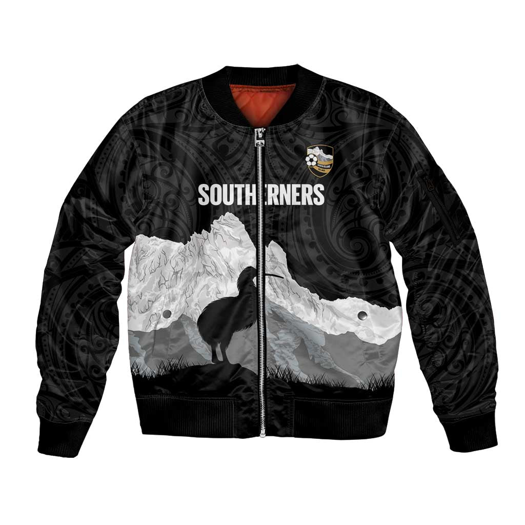 New Zealand South Island Football Custom Sleeve Zip Bomber Jacket Aoraki Mount Cook With Kiwi Maori Pattern LT14 Unisex Black - Polynesian Pride