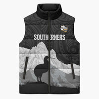 New Zealand South Island Football Custom Sleeveless Puffer Jacket Aoraki Mount Cook With Kiwi Maori Pattern LT14 Unisex Black - Polynesian Pride