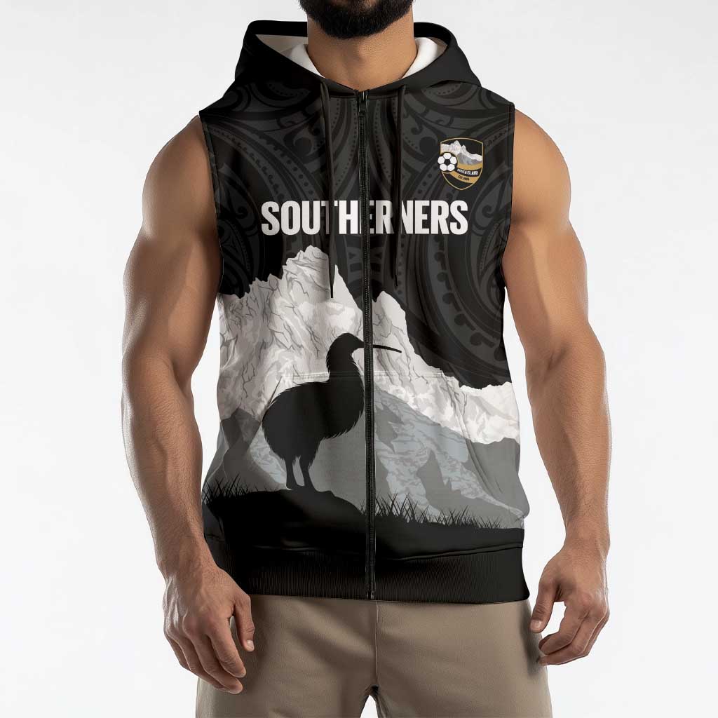 New Zealand South Island Football Custom Sleeveless Zip Hoodie Aoraki Mount Cook With Kiwi Maori Pattern LT14 - Polynesian Pride