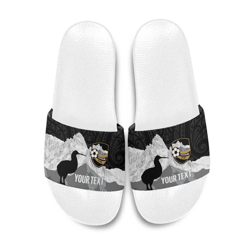 New Zealand South Island Football Custom Slide Sandals Aoraki Mount Cook With Kiwi Maori Pattern LT14 Black - Polynesian Pride