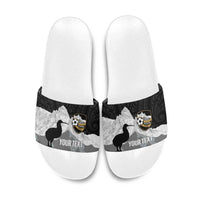 New Zealand South Island Football Custom Slide Sandals Aoraki Mount Cook With Kiwi Maori Pattern LT14 Black - Polynesian Pride