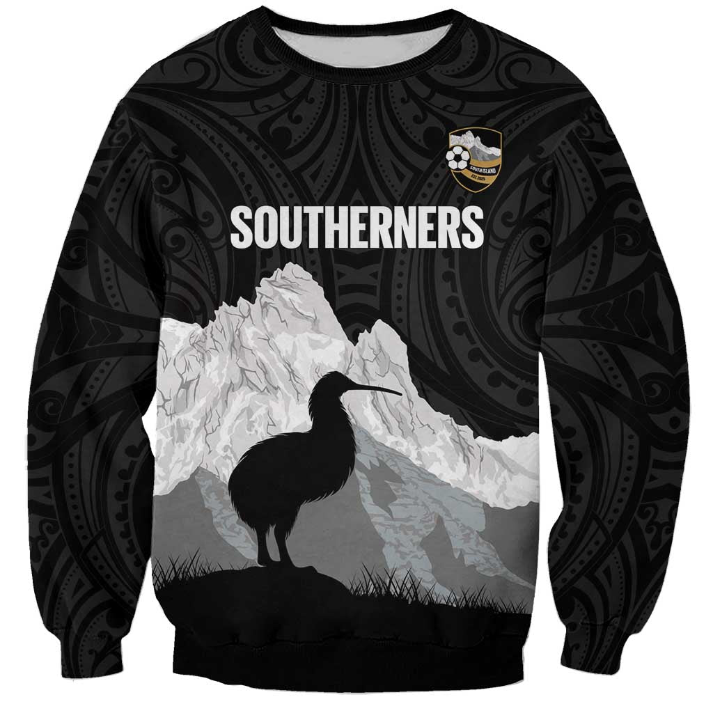New Zealand South Island Football Custom Sweatshirt Aoraki Mount Cook With Kiwi Maori Pattern LT14 Unisex Black - Polynesian Pride