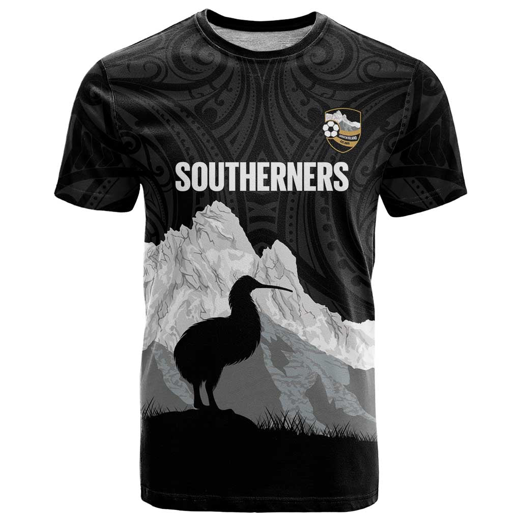 New Zealand South Island Football Custom T Shirt Aoraki Mount Cook With Kiwi Maori Pattern LT14 Black - Polynesian Pride