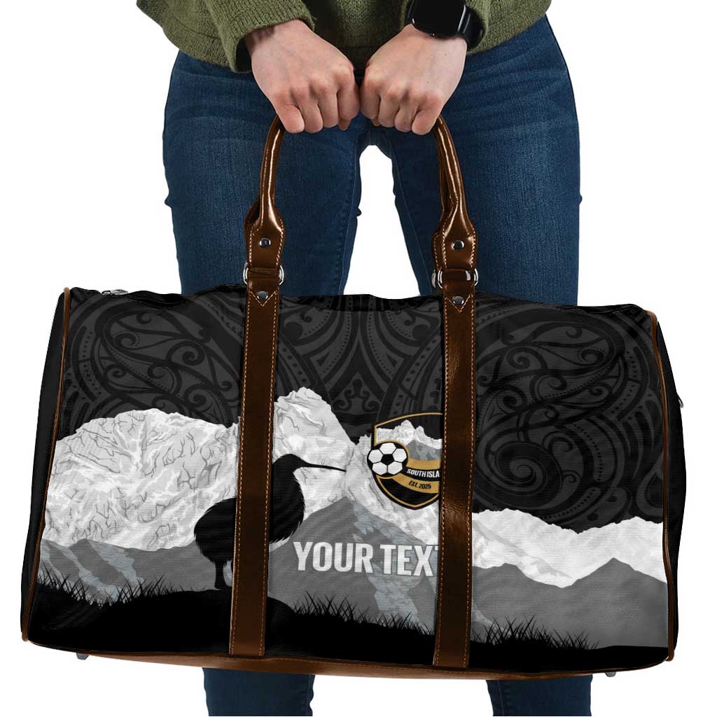 New Zealand South Island Football Custom Travel Bag Aoraki Mount Cook With Kiwi Maori Pattern LT14 Black - Polynesian Pride