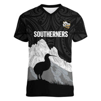 New Zealand South Island Football Custom Women V-Neck T-Shirt Aoraki Mount Cook With Kiwi Maori Pattern LT14 Female Black - Polynesian Pride