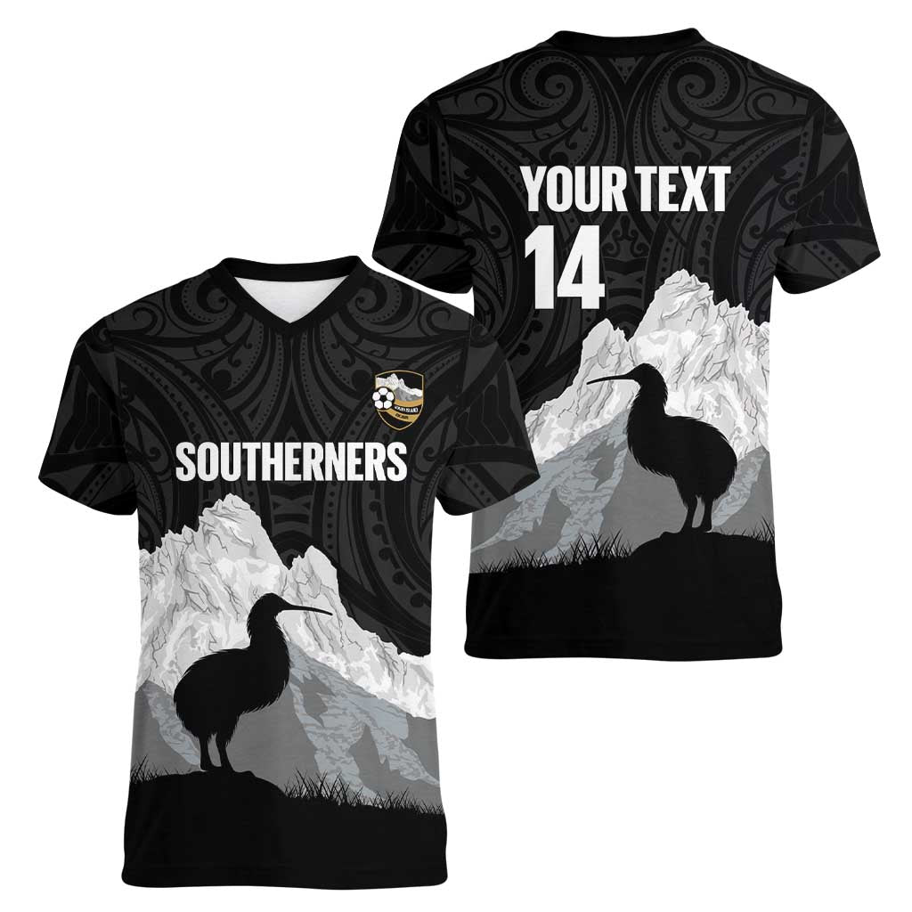 New Zealand South Island Football Custom Women V-Neck T-Shirt Aoraki Mount Cook With Kiwi Maori Pattern LT14 - Polynesian Pride