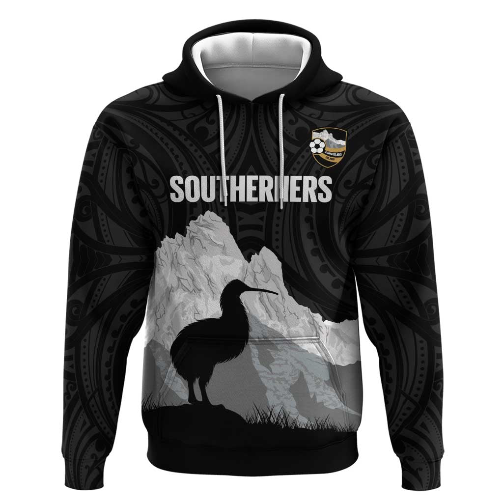 New Zealand South Island Football Custom Zip Hoodie Aoraki Mount Cook With Kiwi Maori Pattern LT14 Pullover Hoodie Black - Polynesian Pride