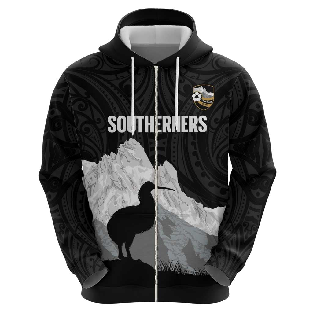 New Zealand South Island Football Custom Zip Hoodie Aoraki Mount Cook With Kiwi Maori Pattern LT14 - Polynesian Pride