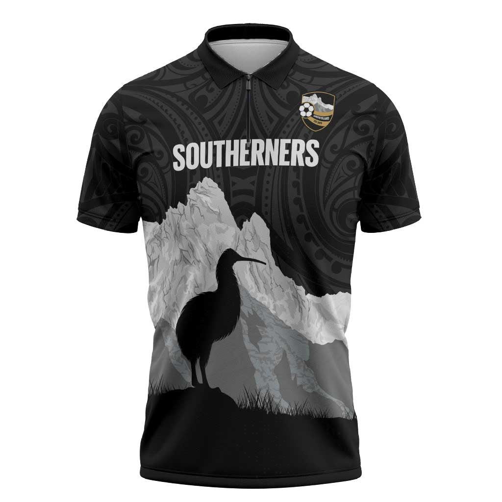 New Zealand South Island Football Custom Zipper Polo Shirt Aoraki Mount Cook With Kiwi Maori Pattern LT14 Black - Polynesian Pride
