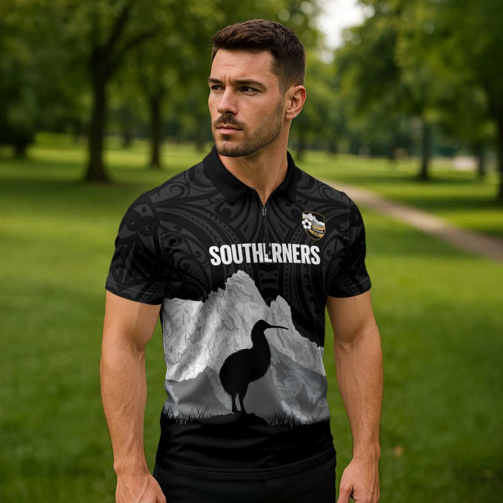 New Zealand South Island Football Custom Zipper Polo Shirt Aoraki Mount Cook With Kiwi Maori Pattern LT14 - Polynesian Pride