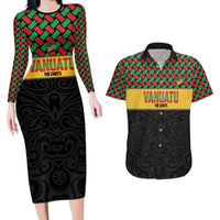 Vanuatu Football Custom Couples Matching Long Sleeve Bodycon Dress and Hawaiian Shirt Go Chiefs Basket-weave Pattern LT14 Black - Polynesian Pride