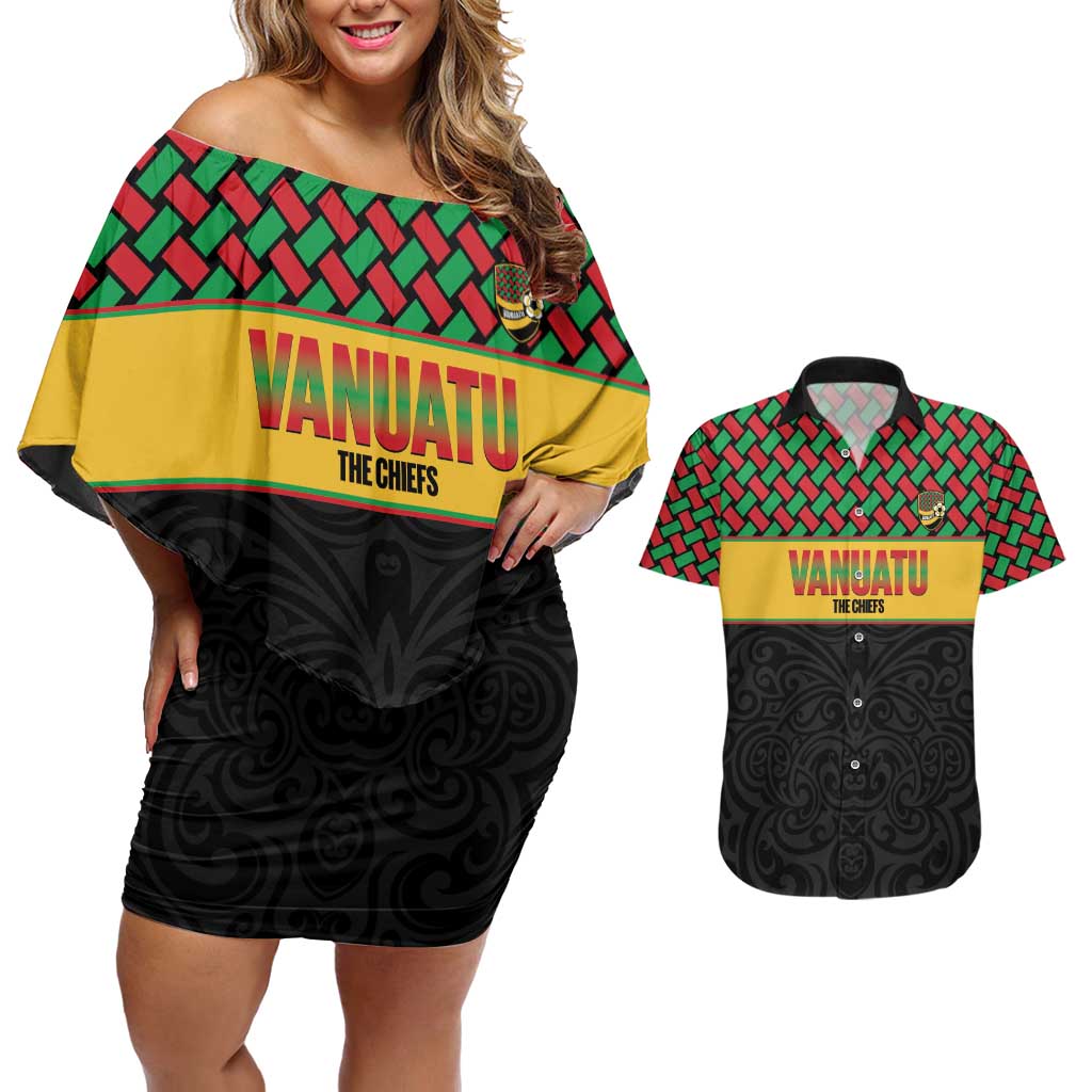 Vanuatu Football Custom Couples Matching Off Shoulder Short Dress and Hawaiian Shirt Go Chiefs Basket-weave Pattern