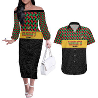 Vanuatu Football Custom Couples Matching Off The Shoulder Long Sleeve Dress and Hawaiian Shirt Go Chiefs Basket-weave Pattern LT14 Black - Polynesian Pride