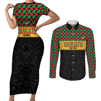 Vanuatu Football Custom Couples Matching Short Sleeve Bodycon Dress and Long Sleeve Button Shirt Go Chiefs Basket-weave Pattern LT14 Black - Polynesian Pride