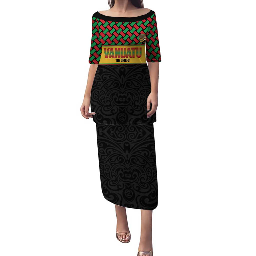 Vanuatu Football Custom Family Matching Puletasi and Hawaiian Shirt Go Chiefs Basket-weave Pattern LT14 Mom's Dress Black - Polynesian Pride