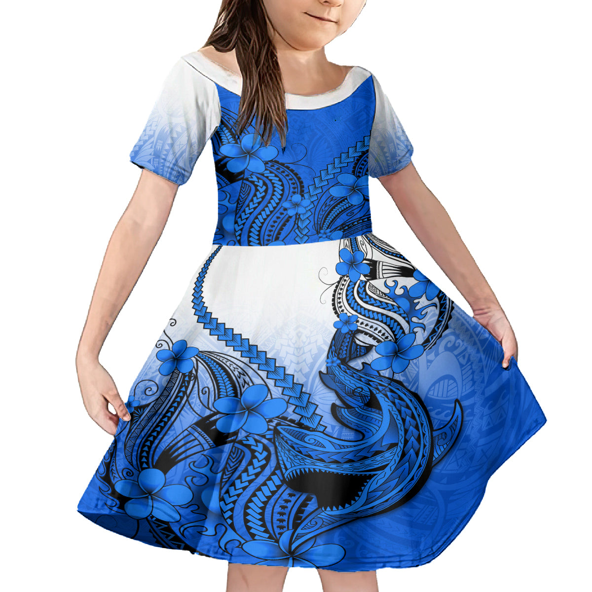 Blue Hawaii Family Matching Outfits Off Shoulder Maxi Dress And Hawaiian Shirt Polynesian Shark Tattoo LT14 Daughter's Dress Blue - Polynesian Pride
