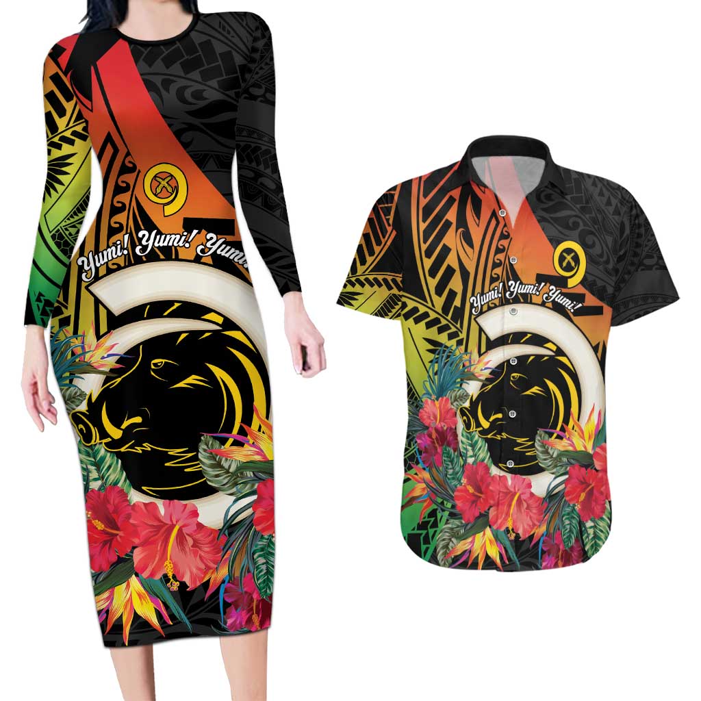 Vanuatu Boar Tusk Yumi Yumi Yumi Couples Matching Long Sleeve Bodycon Dress and Hawaiian Shirt Independens Dei Long God Yumi Stanap LT14 Black - Polynesian Pride